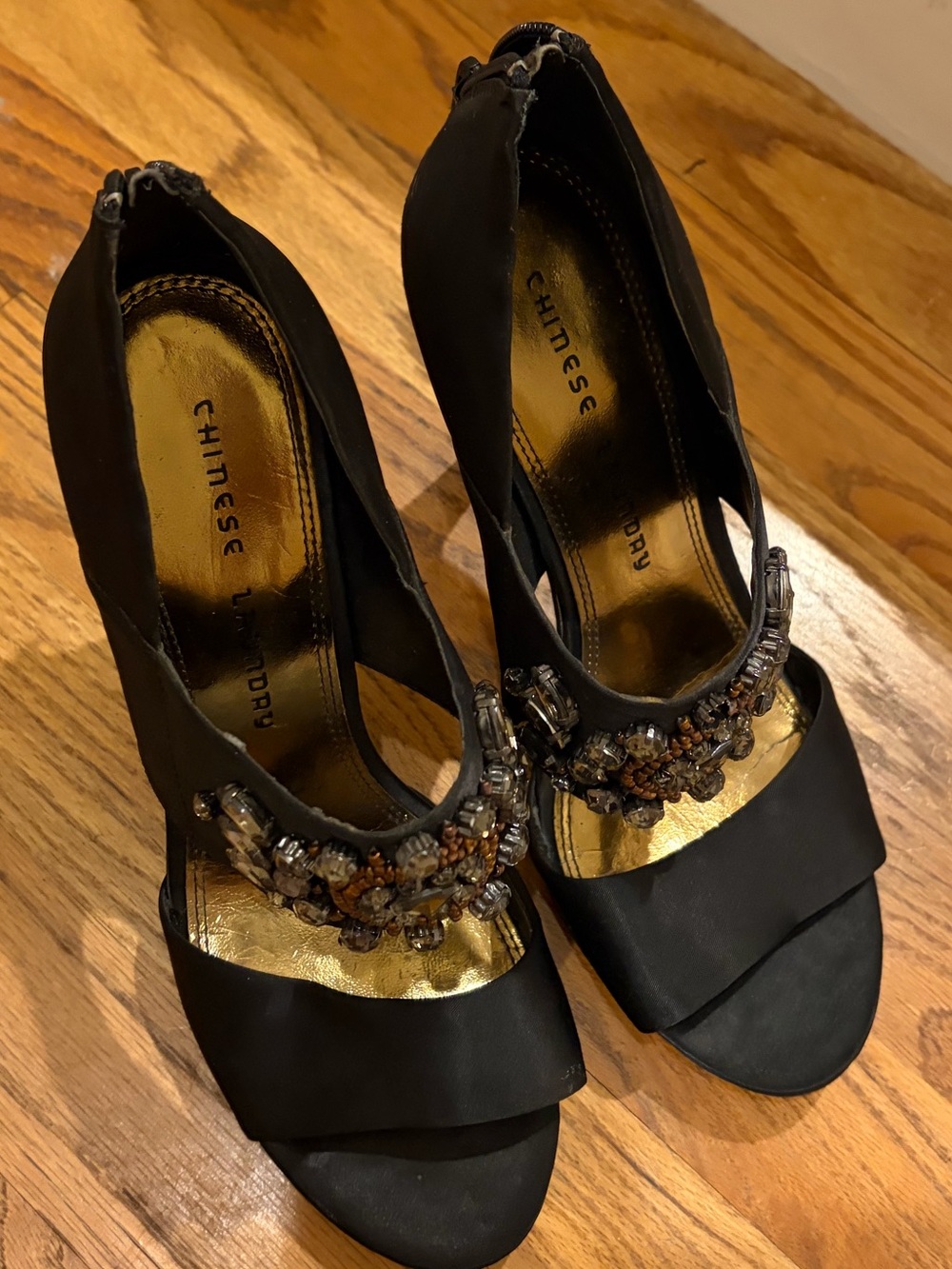 Chinese Laundry Black Jeweled Open-Toe Satin Heels